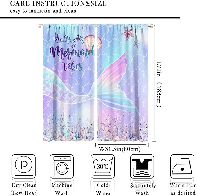 Fantasy Mermaid Curtain Colorful Rainbow Fish Tail Ocean Theme Beautiful Kids Window Treatment for Girls Bedroom Nursery Room Decor Rod Pocket Window Drapes 63x72in