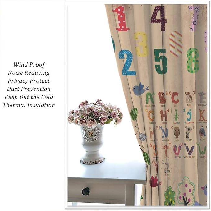 Animal Alphabet Numbers Tree Curtain Learning ABC Letters Birds Numbers Home Printed Rod Pocket Window Treatments for Bedroom Living Room Playroom Nursery Decor 42" W X 45" L