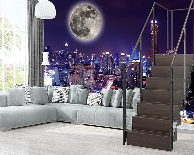 XMPMBM-City Night View The Moon Nursery Room Fabric Wallpaper Living Room Bedroom Bathroom Wall Mural-W 154" X H 105"（112 Square Foot）