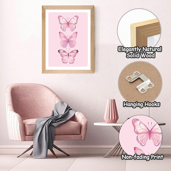 Set of 4 Framed Pink Bow Wall Art Prints Decor,12x16”Coquette Trendy Preppy Wall Decor Cherry Butterfly Canvas Wall Art Prints Framed Nursery Children Artwork Girls Playroom Bedroom Decoration