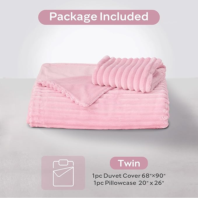 JELLYMONI Plush Duvet Cover Set - Twin Size Pink Striped Fluffy Comforter Cover 2pcs Bedding Set Luxury Ultra Soft Faux Fur Duvet Cover with Zipper and 1 Pillowcase (NO Comforter)