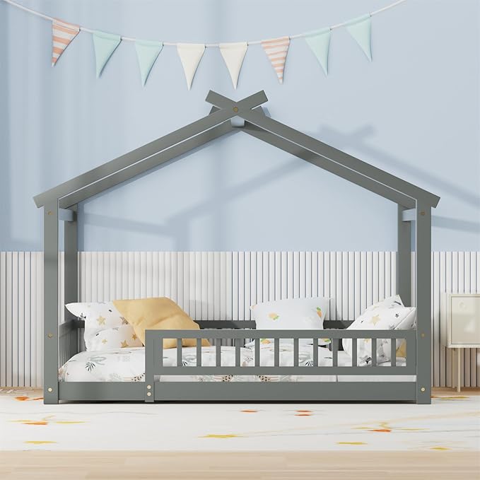 LLS Twin House Bed with Fence, Wooden Montessori Bed with Slats Support, Floor Bed Frame for Boys Girls Bedroom, Gray