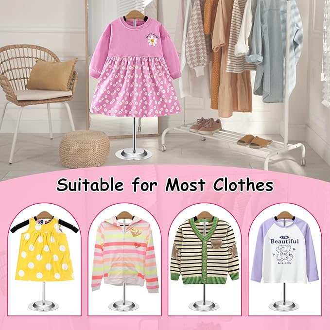 Child T Shirt Display Clothing Racks for Hanging Clothes, Adjustable Clothes Rack Coat Display Rack Clothes Hanger Tshirt Display Stand for Vendors Retailer, Height 16-27.9 Inch