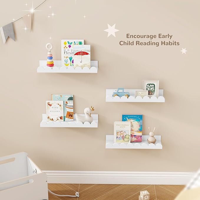 Fun Memories 16 Inch White Picture Ledge Shelf, Scalloped Nursery Book Shelves for Wall, Set of 4, Kids Room, Toddler Room Floating Shelves