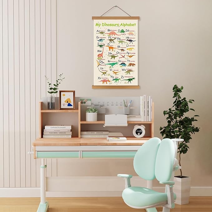 KARINE Dinosaurs Alphabet Poster,Animal ABC Learning Wall Art with Magnetic Hanging Frame(14”X22”) A TO Z Educational Poster,Dinosaur Alphabet Chart Hanger Gift for Kids Boys Playroom Classroom Decor