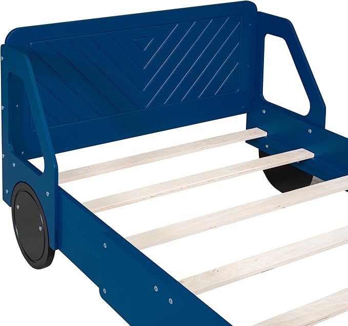 Twin Size Car-Shaped Platform Bed Frame for Boys Girls Kids Adults Toddler with Wheels,Blue
