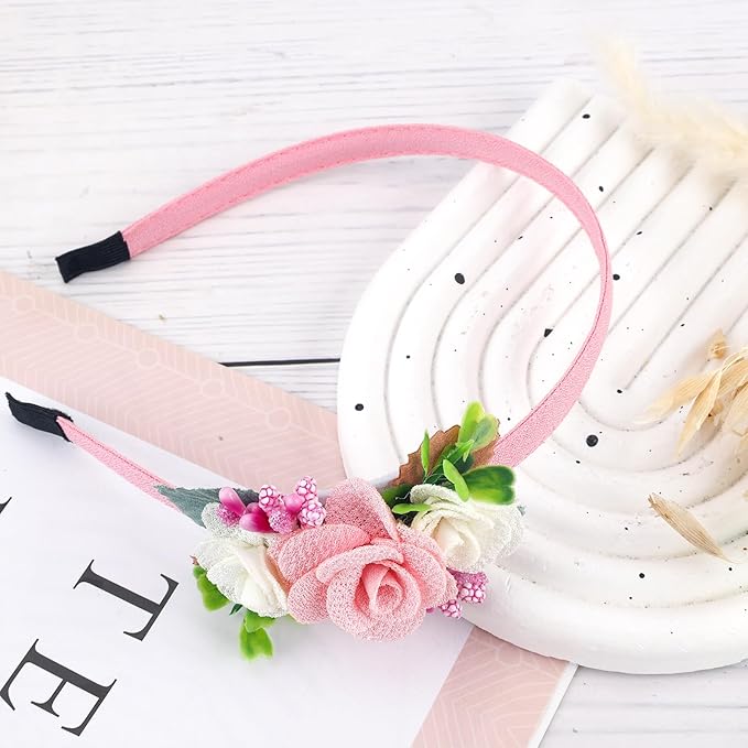Flower Headbands for Girls Kids Toddlers Rose Floral Headpiece Non Slip Elegant Wedding Flower Crown Hairband Spring Summer Fashion Cloth Headdress Accessories for Birthday Party (Pink)