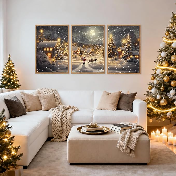 CHDITB Christmas Village Wall Art Set, Santa Claus and Reindeer Wall Decor, Moonlit Winter Artwork, Xmas Snowy Landscape Painting, Vintage Christmas Decor for Living Room Bedroom Fireplace 16"x24"x3