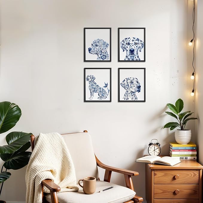 OFJE Chinoiserie Dalmatian Dog Wall Art Decor Prints Set of 4, Blue and White Grandmillenial Dog Wall Art Posters Decor for Home Bedroom Living Room, 8x10 Unframed