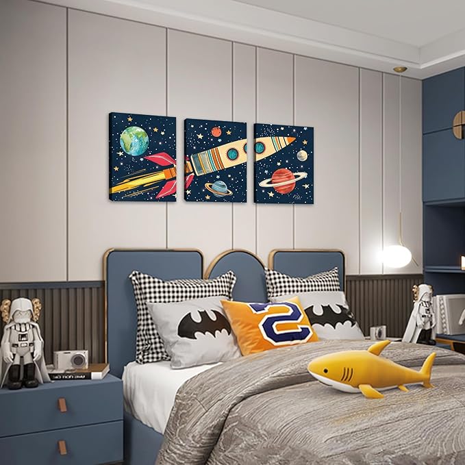 KAIRNE Rocket Outer Space Decor,Solar System Wall Art,The Planets Hanging Decor,Rocket Artwork Paintings out of space decor for Boys Bedroom Toddler Kids Room Classroom Decoration