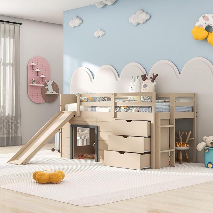KOMFOTT Twin Low Loft Bed with 3 Storage Drawers & Underneath House, Wood Loft Bed with Slide, Ladder, Guardrails & Under-Bed Play Space, Kids Twin Loft Bed for Girls & Boys, No Box Spring Needed