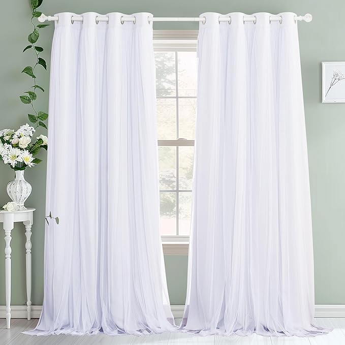 PONY DANCE Living Room Curtains 84 Inch Length - Sheer Overlay Curtains, 52 inches Wide, Window Treatment Panels, Cortinas De Sala Elegantes (Winter White, Set of 2, with Extra Tie-Backs)