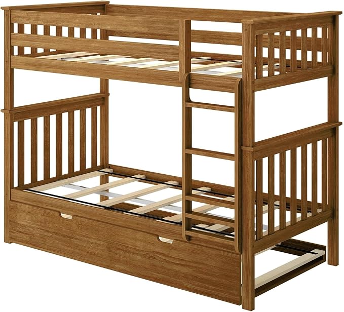 Max & Lily Bunk Bed, Twin-Over-Twin Bed Frame for Kids with Trundle, Pecan