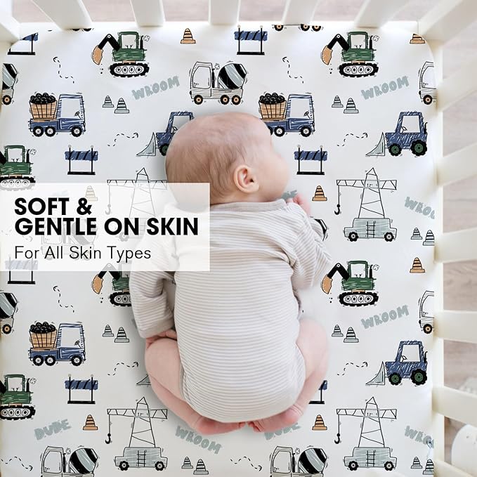 Little Grape Land Crib Sheets for Boys and Girls, 2pk Baby Crib Fitted Sheet for Standard Size Crib and Toddler Mattress, Super Soft Baby Sheet (Navy Trucks)