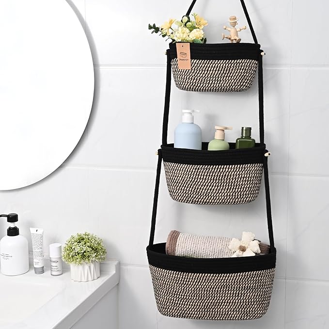 Hanging Storage Baskets, 3-Tier Over the Door Basket, Cotton Wall Baskets Storage, Detachable Hanging Door Basket with 4 Hooks, Over the Door Organizer Nursery for Bedroom, Living Room, Bathroom Wall