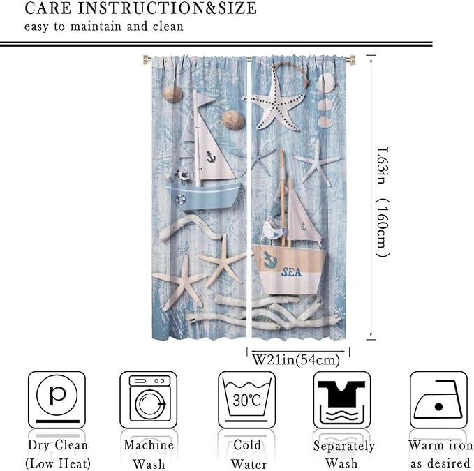 Nautical Curtain,Navy Anchor Sailing Map Starfish Seashells Bedroom Curtain,Waterproof Washable Fabric for Bedroom Decor Set 2 Panels,42x63 Inches