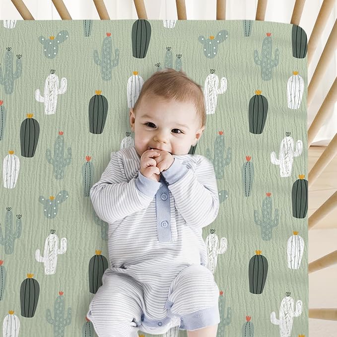 Little Grape Land Muslin Crib Sheets Fitted for Boys and Girls 2 Pack, 100% Cotton Baby Bed Sheets Soft Breathable, Neutral Fitted Baby Mattress Sheets for Standard Crib 52x28 inches, Cactus