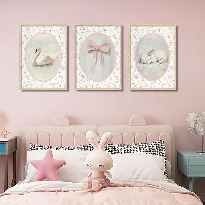 3Pcs Pink Vintage Nursery Wall Art Cute Animal Rabbit Swan Bow Flower Canvas Posters Prints Baby Girl Room Picture Wall Decor for Girls Room Bedroom Decorations Unframed