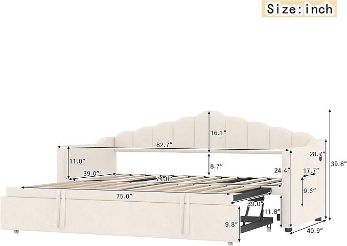 SOFTSEA Twin Daybed with Pop Up Trundle, Extendable Corner Day Bed with USB Ports, Velvet Tufted Sofa Bed Frame with Curved Backrest for Bedroom, Living Room, Beige