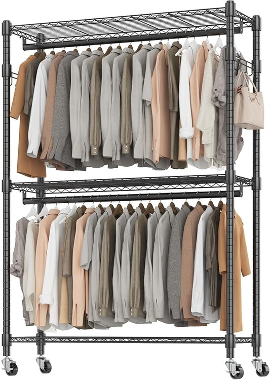 BATHWA Heavy Duty Garment Rack on Wheels, Rolling Clothes Racks for Hanging Storage, Simple Sturdy Metal Wardrobe Closet with Double Rods, 8 Side Hangers, 3 Shelves, Black
