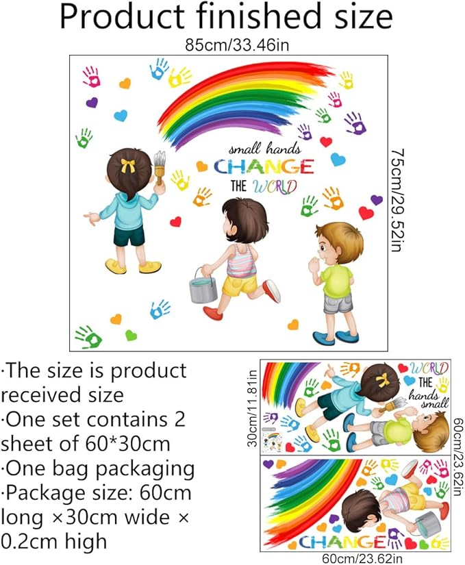 Inspirational Quote Small Hands Change The World Wall Decals Rainbow Handprints Wall Stickers for School Classroom Kids Room Nursery Playroom Library Wall Decor