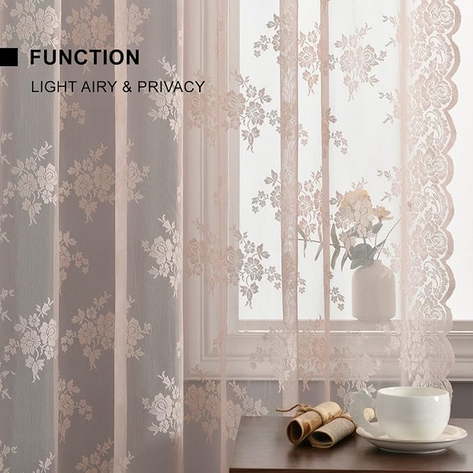 Kotile Blush Pink Lace Curtains 108 Inch Length - Vintage Floral Blush Sheer Curtains for Girls Bedroom, Rod Pocket Privacy Scalloped Lace Sheer Curtains 2 Panels Set, 52 x 108 Inch, Blush Pink