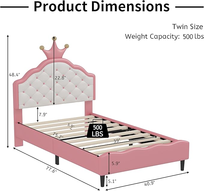 Bellemave Twin Size Princess Bed Frame with Lovely Crown Shaped Headboard for Girls,Upholstered Platform Bed with Slats Support,Twin Girls Bed,Pink Cream