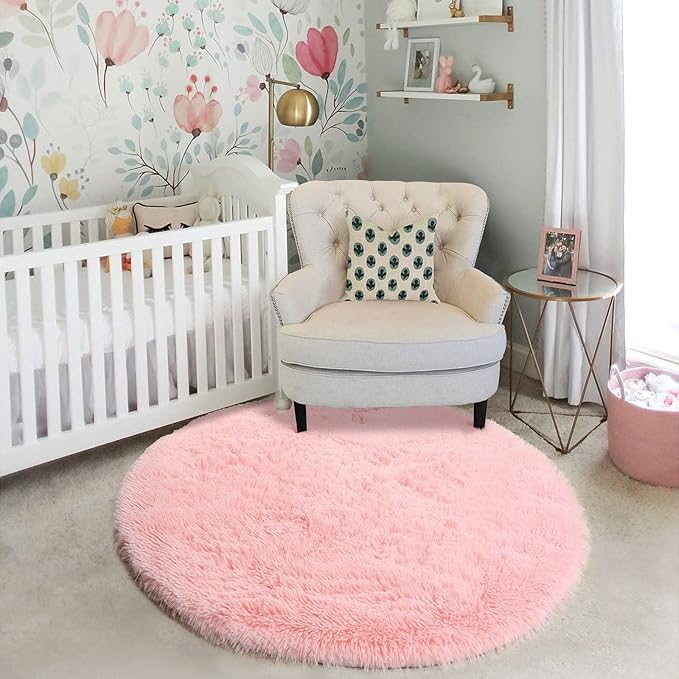 Amdrebio Light Pink Small Round Rug 3Ft for Girls Bedroom, Fluffy Circle Area Rugs for Kids Room Decor Aesthetic, Cute Shag Fuzzy Carpet for Nursery, Preppy Dorm, Classroom, Playroom, Teen, Baby