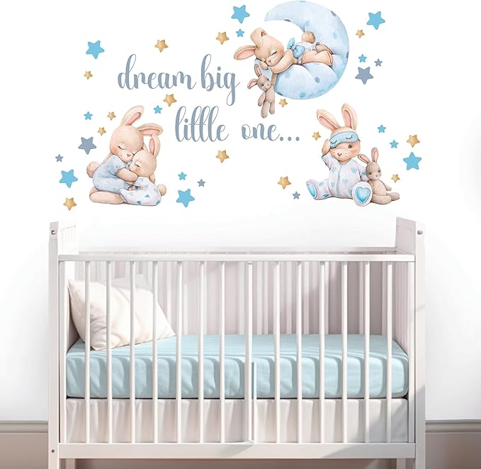 Blue Bunny Wall Decals, Baby Boy Room Rabbit Wall Decor, Animal Stickers for Kids Playroom, Toddler Bedroom and Nursery Decoration, Removable Vinyl Decals, Peel and Stick, Moon, Stars.