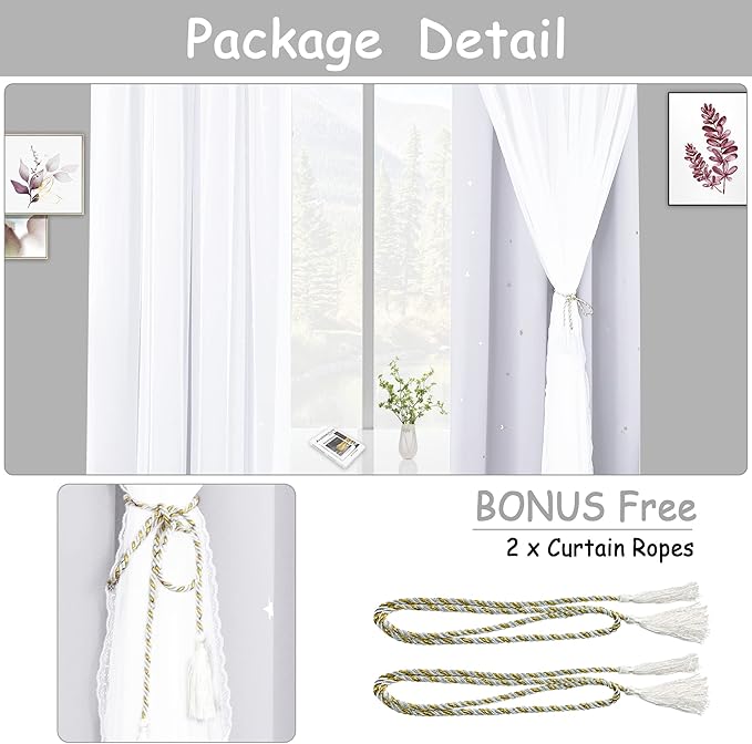 Kinryb Star Cutout Curtains for Girl Bedroom/Living Room/Classroom,2 Free Tiebacks Sheer Overlay 63 Inches 2 Panel Set, Double Layer Curtains for Kids Room(W52 x L63 Inches,Greyish White 2 Pcs)