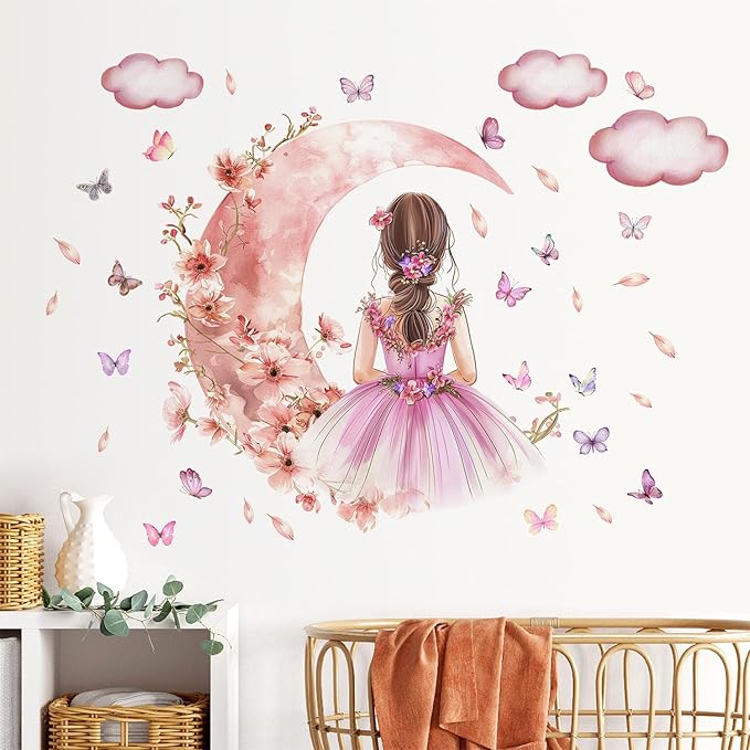 2 Sheets Pink Butterfly Girl Wall Decal - Removable DIY Moon Cloud Wall Decal Vinyl Pink Flower Princess Room Art for Girls Baby Nursery Bedroom Living Room Bathroom Classroom Decoration
