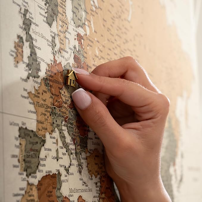 Canvas World Map with Cork Pin Board - English Lettering - Decorative Wall Decoration for All Rooms - Canvas Pictures with World Map Motif (150x100 cm, Pattern 2)
