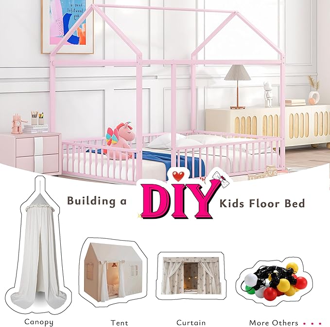 Bellemave Full Size Montessori Floor Bed, Metal House Bed Framefor Kids, Montessori Floor Beds with Fence, Playhouse for Kids, Pink