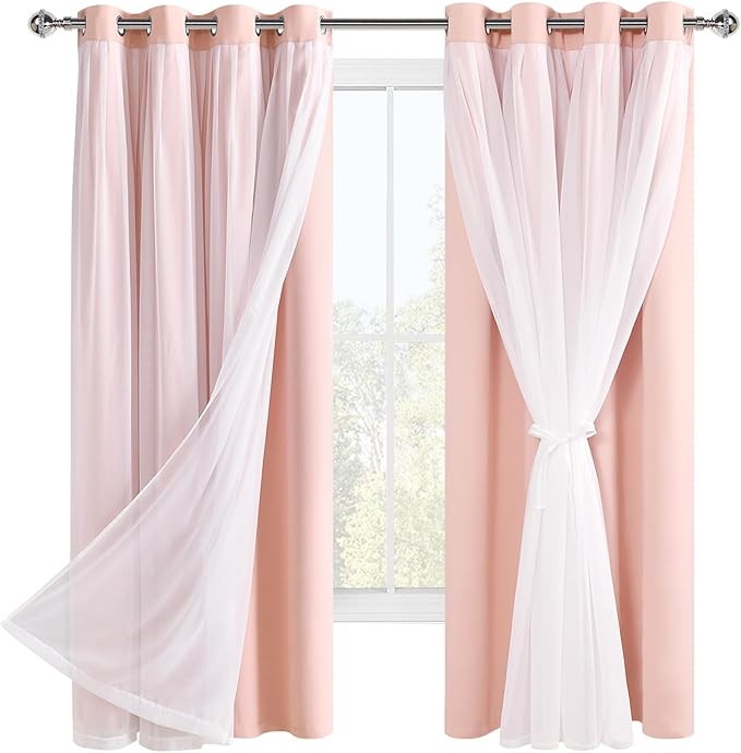 Hiasan Blackout Curtains with Sheer Overlay, Thermal Insulated Mix & Match Double Layer Room Darkening Window Curtains for Bedroom,Living Room,Nursery 2 Panels with Tiebacks (52W X 63L,Blush Pink)