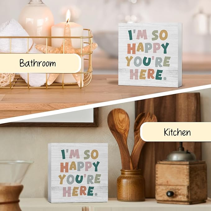 Boho Classroom Wooden Box Sign, Boho Classroom Decor, I'm So Happy You're Here Wood Block Box for Kids Nursery Room Bedroom Playroom Desk Shelf Table Decor, 5x5 Inch FY-mh-663