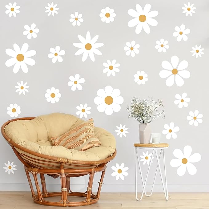 TaoBary 12 Sheets Daisy Wall Decal Flower Wall Sticker Cute Daisy Sticker Pink White Flower Decal Peel and Stick Floral Wallpaper for Nursery Bedroom Home Decor(White, Yellow,Classic Style)