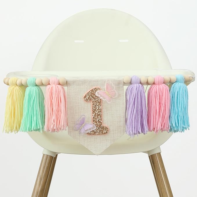 Handmade Macaron 1st Birthday High Chair Banner with Butterflies First Highchair Banner For Baby Girls 1 Birthday Party Decorations Wood Bead Tassel Garland Princess Boho Butterfly Colorful Photo Props
