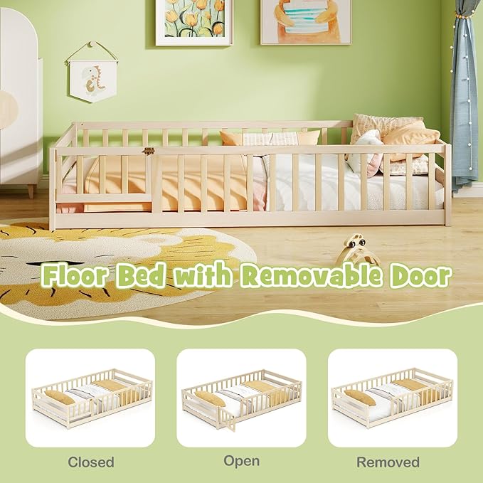 KOMFOTT Twin Size Wood Floor Bed with Door & Fence, Montessori Bed Frame with Full Length Safety Guardrails, Door & Latch, Wooden Montessori Floor Bed for Kids, Girls, Boys (Natural, Twin)