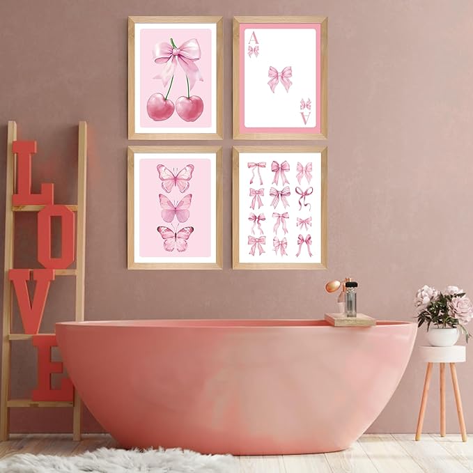 Set of 4 Framed Pink Bow Wall Art Prints Decor,12x16”Coquette Trendy Preppy Wall Decor Cherry Butterfly Canvas Wall Art Prints Framed Nursery Children Artwork Girls Playroom Bedroom Decoration
