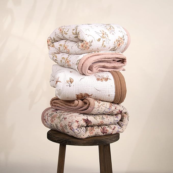 lulumoon Muslin Baby Blanket for Girl: Lightweight Cotton for Newborns - Soft Nursery Blanket for Stroller 47"×47"（Pink Floral）