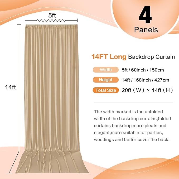30×14 ft Wrinkle Free Beige Backdrop Curtain for Weddings Parties, 6 Panels 5×14ft Long Silky Polyester Photo Backdrop Drapes for Birthday Baby Shower Photography Background Cloth