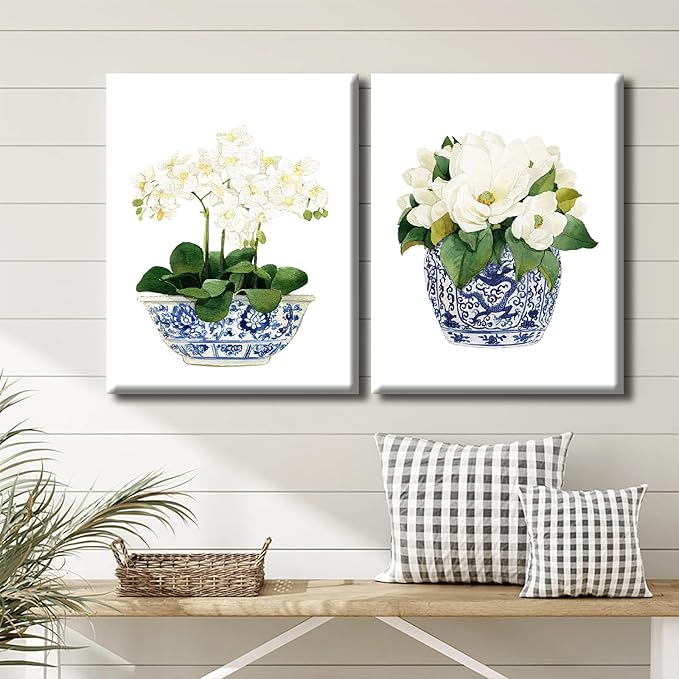 LUHDFYS White Orchid & Magnolia Watercolor Art Canvas Blue And White Chinoiserie Wall Art Print Oriental Vase Blue White Willow Style Porcelain Flower Jar Picture Poster Decor Wrapped Canvas