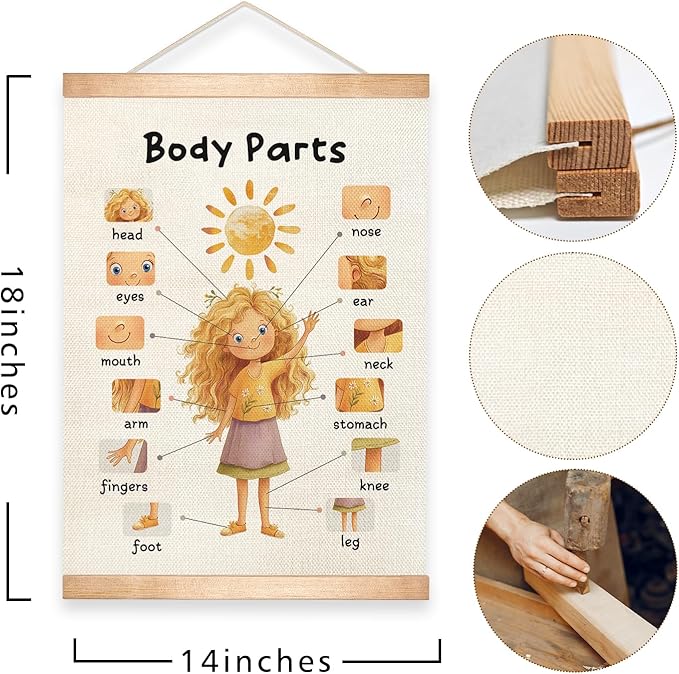 HEYJEEPER Kids Body Parts Learning Posters Set of 2,Linen Educational Wall Art with Wood Hanger, Cute Girl & Boy Body Parts Charts for Toddlers Preschool Classroom Playroom Nursery Decor,18.5x14 Inch