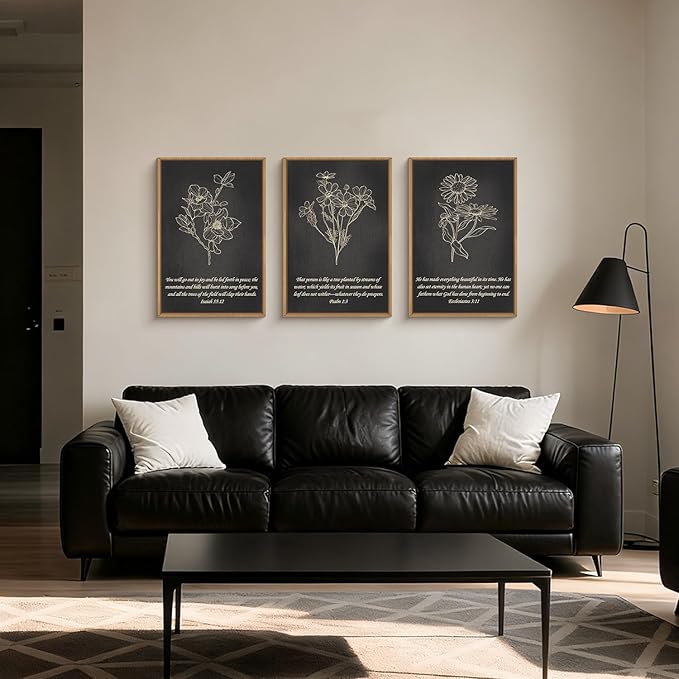 FWIEXA Black Christian Bible Verse Canvas Wall Art Set of 3, Minimalist Scripture Wall Decor, Religious Beige Abstract Floral Painting, 16x24In Vintage Artwork for Living Room,Bedroom,Prayer Room