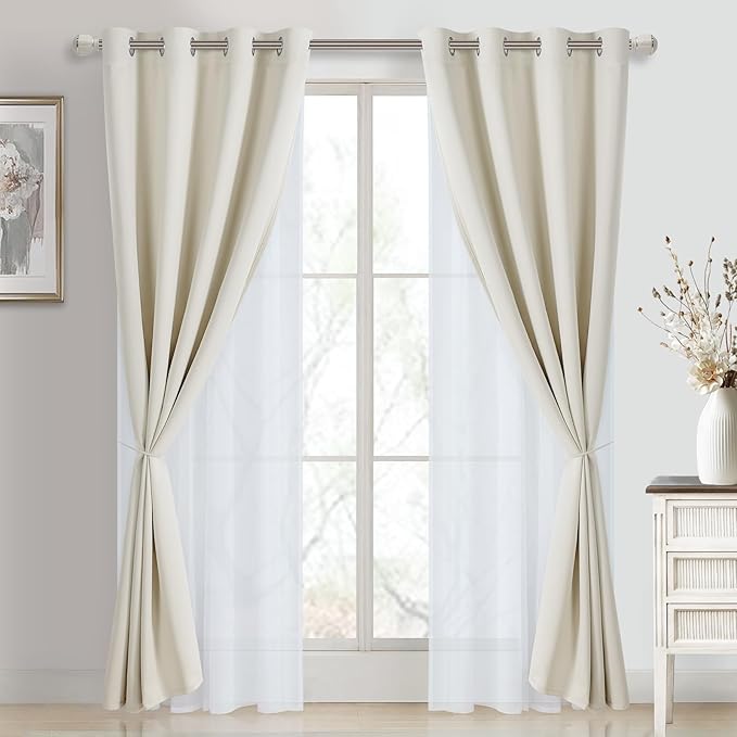 DWCN Blackout and Sheer Curtains with Tiebacks Layered Curtains for Living Room Grommet Top Window Curtain Panels with Sheer Overlay, 52 W by 84 L, Ivory, 2 Pieces