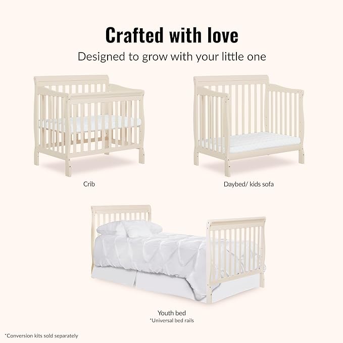Dream On Me Aden 4-in-1 Convertible Mini Baby Crib French White, GreenGuard Gold & JPMA, Sustainable Pinewood, Non-Toxic Finish, 3 Mattress Heights, Converts to Mini Day & Twin-Size Bed