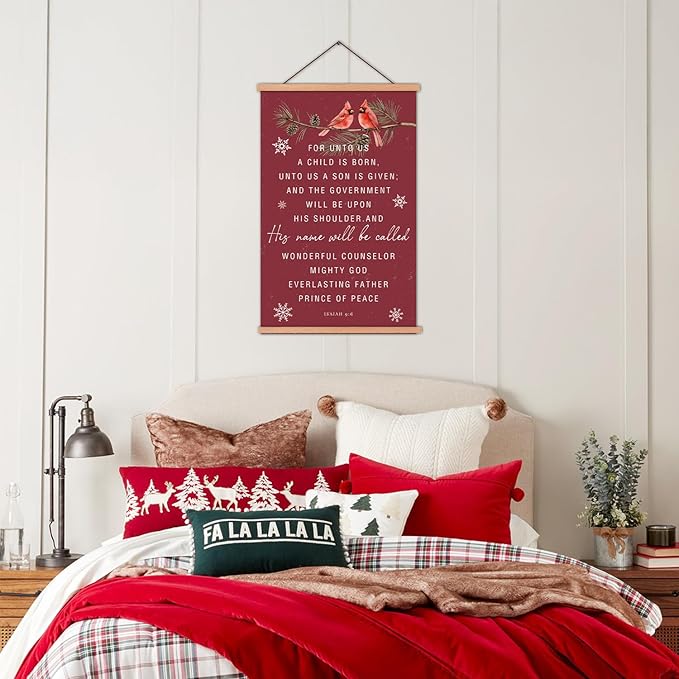 KAIRNE Christmas Canvas Wall Art,Christian Poster With Wooden Hanger(13.8”X22”),Bible Verse Wall Decor,Snow Red Bird Picture,Christmas Gift for Friends Family Living Room Bedroom Farmhouse Decor