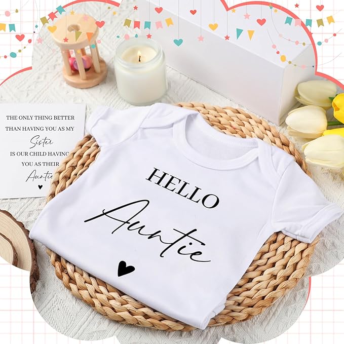 4 Pcs Pregnancy Announcement for Aunt, Hello Auntie Baby Bodysuit, Hello Auntie Pregnancy Reveal Card Baby Reveal Gift Box Baby Announcement Gifts Set for Aunt Women
