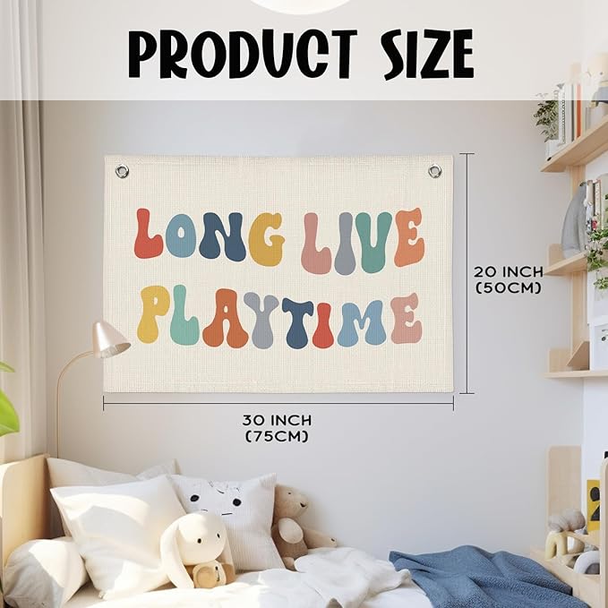 Playroom Decor, Long Live Playtime Banner, Boho Rainbow Linen Banner Wall Hanging Banner Flag Decor for Toddler Boy Kids Room Nursery Playroom