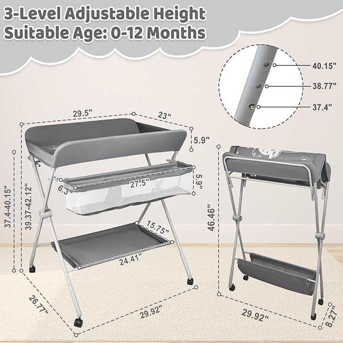 Baby Changing Table, Portable Folding Diaper Changing Station with Wheels, Adjustable Height Nursery Organizer with Safety Belt & Storage Basket & Hanging Rack for Newborn Baby and Infant (Gray)